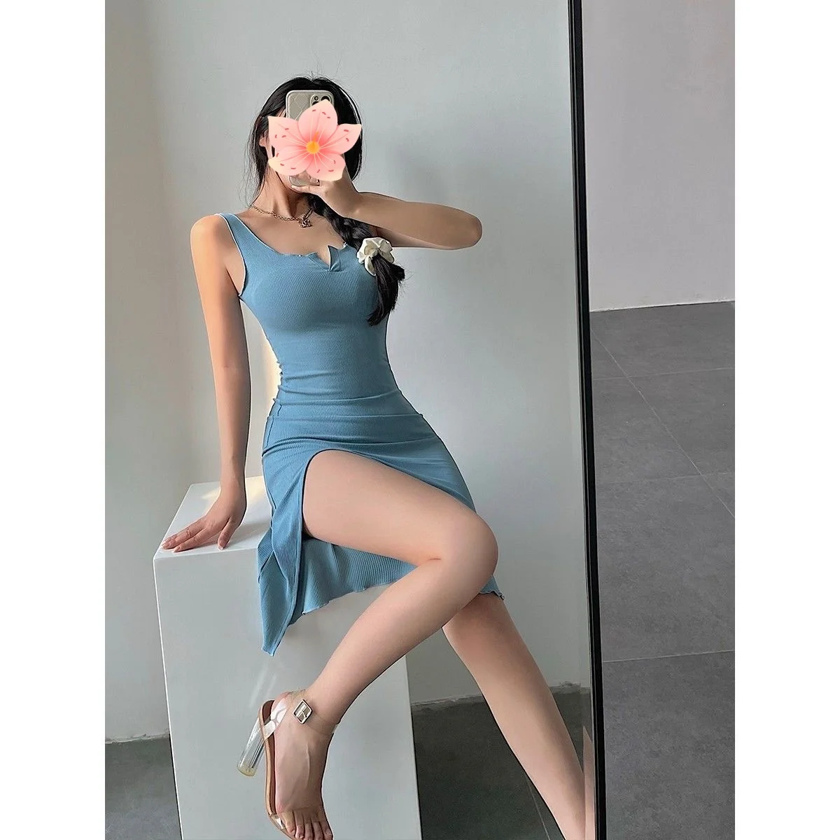 Summer 2025 Sexy Spicy Girl Tight Slimming High Slit Bodycon Base Vest Dress Commute Style High Waist Skirt without Sleeves