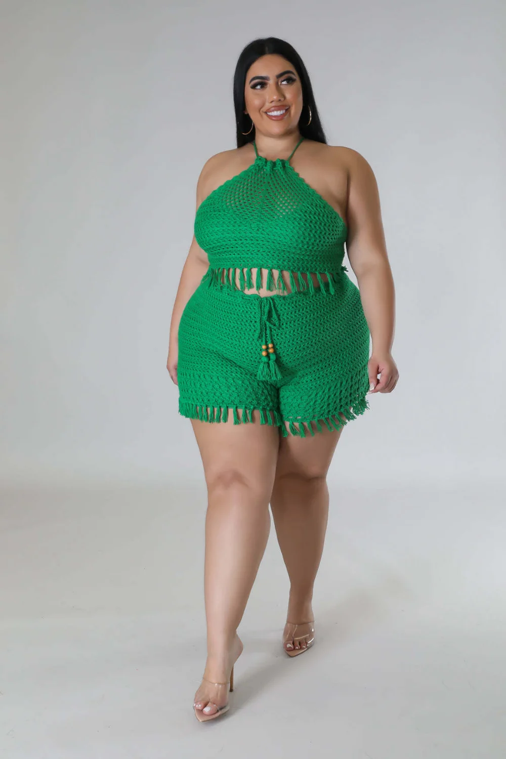 SOMO Plus Size Sexy Women Knitted Two Pieces Set Summer Halter Top Shorts Hollow Out Crochet Beach Wear Wholesale Dropshipping