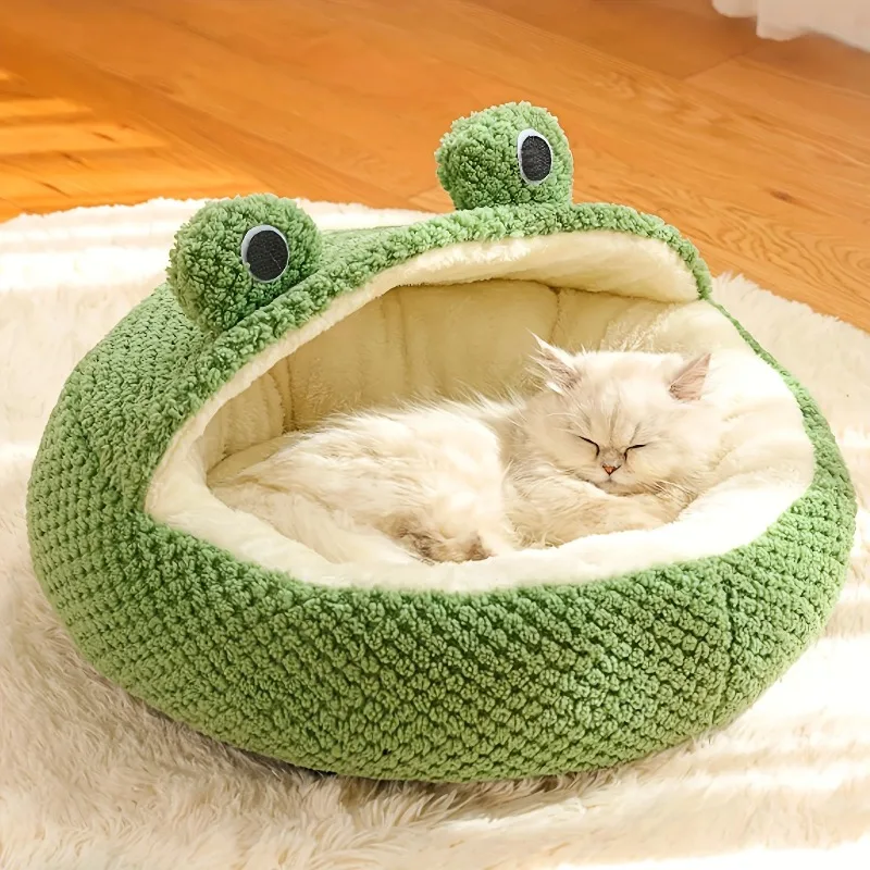 Frog-Shaped Plush Pet Bed, Cozy Green & White Cat & Small Dog Sofa, Warm High-Quality Polyester Nest for Kittens