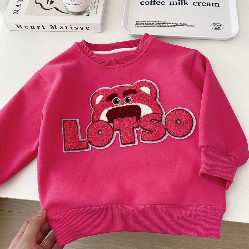 Autumn Winter Children's Plush ThickenHoodless Sweatshirts Girls Cartoon Lotso Long Sleeve Pullover Tops Kids Warm Casual Clothi