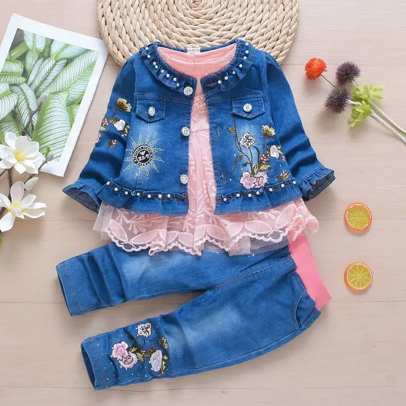 Set Anak Perempuan Pakaian Denim 3 Potong Pakaian Musim Semi dan Musim Gugur Setelan Bayi Perempuan