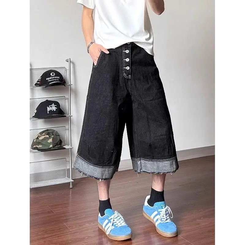 Men's Single-breasted Design Wide Leg Cropped Pants Young Boys Summer Jeans Casual Vintage Bottom Male High Waist Denim Shorts