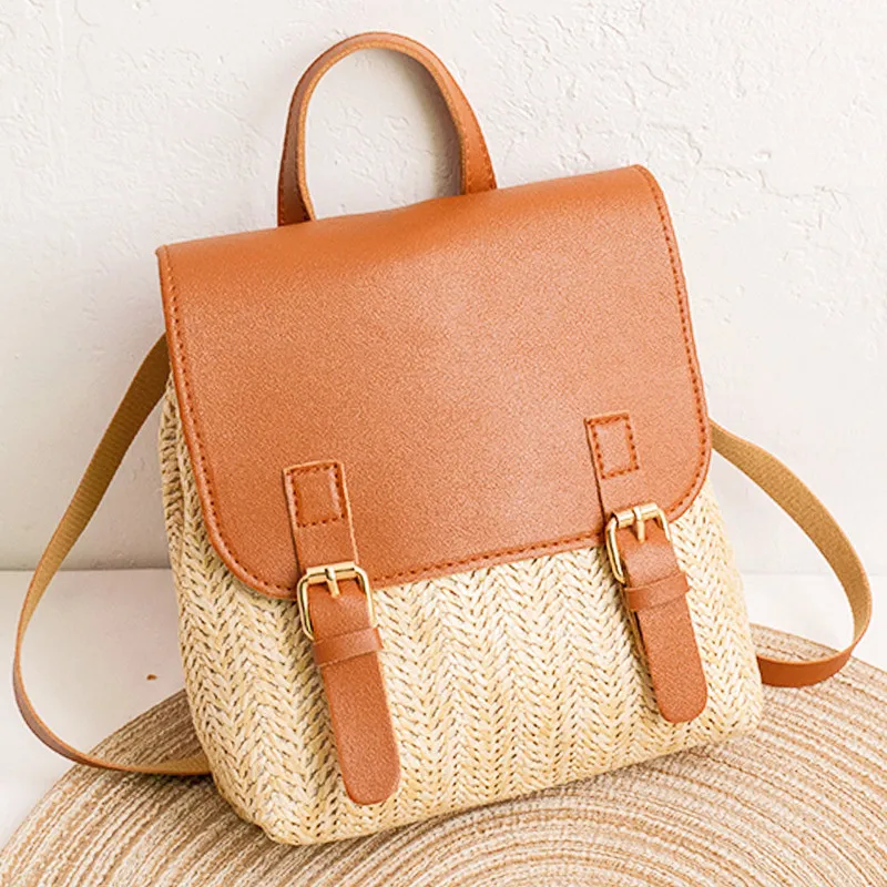 Vintage Straw Backpack Women\'s Fashion Shoulder Bag Versatile Straw Woven PU Leather Elegant Luxury Designer Small Backpack 2023