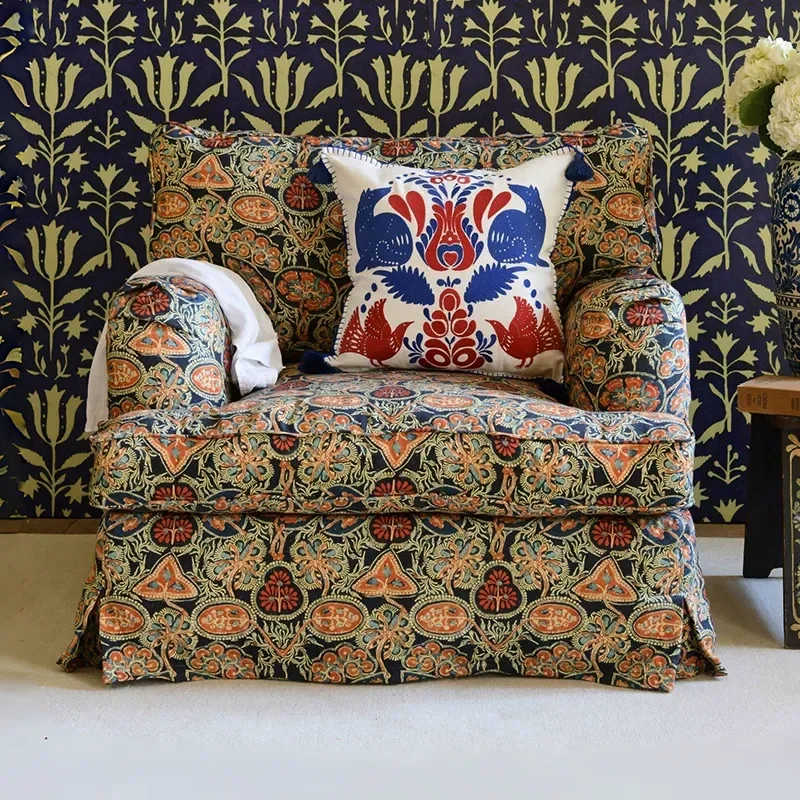 Retro Printed Leisure Chair Living Room Reception Single Seat Antique Hotel Sofa Armchair