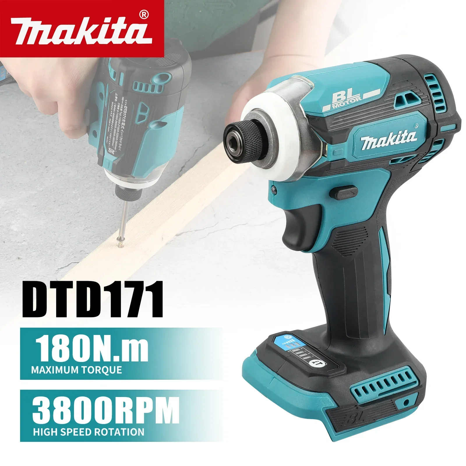 

Бесщеточный ударный шуруповерт Makita DTD171, 18В, аккумуляторный, без АКБ и ЗУ, только инструмент
