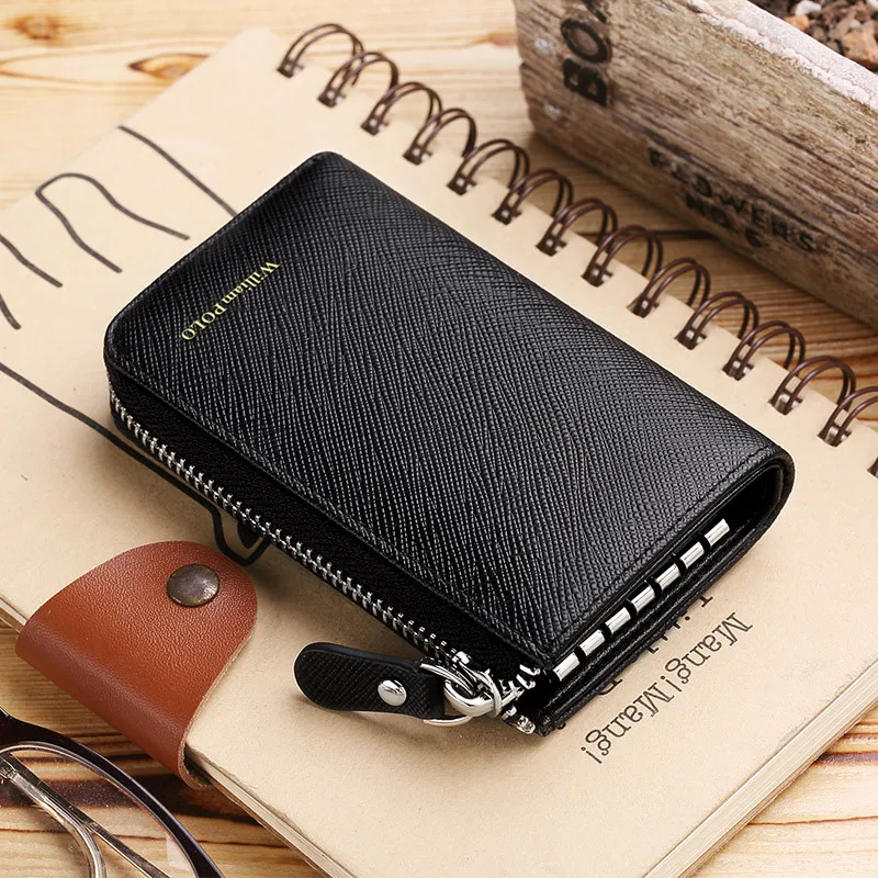 williampolo-casual-fashion-men's-key-bag-top-layer-cowhide-zipper-pocket-multifunctional-stylish-leather-key-case