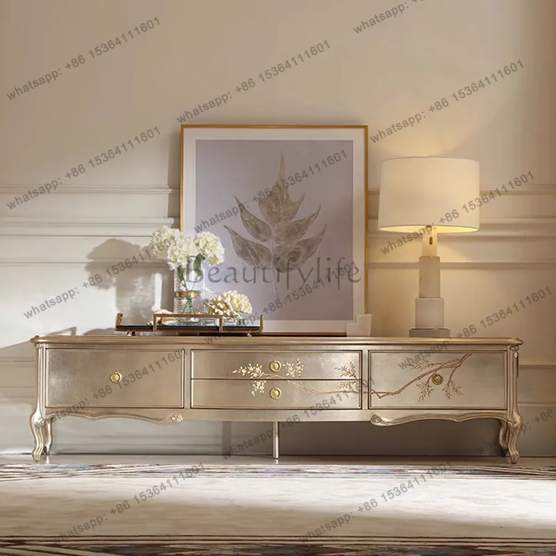 French light luxury solid wood TV cabinet, European palace sticker silver foil hand-painted edge cabinet