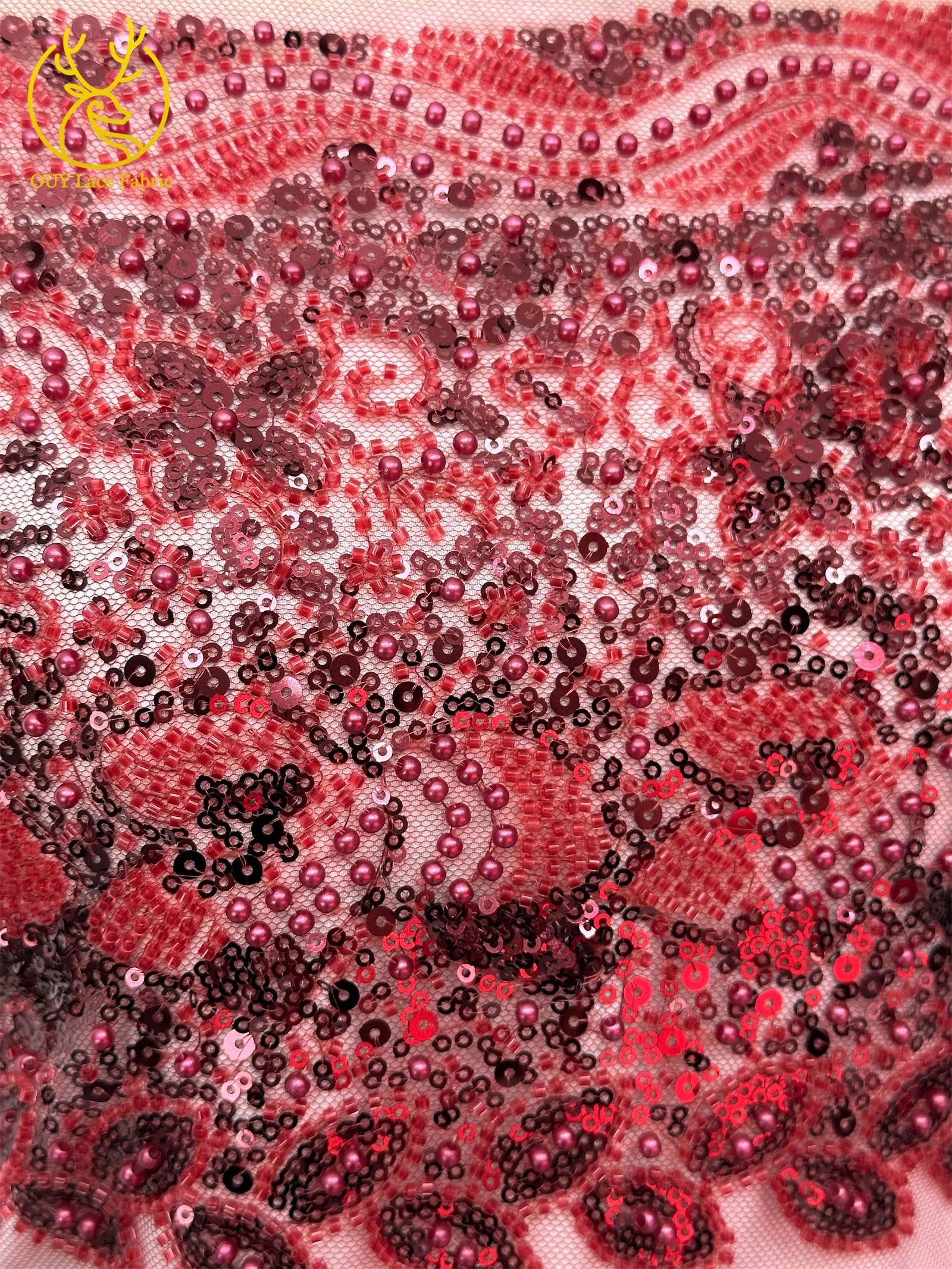 Roter Bräutigam-Perlen-Spitzenstoff 2026 Neuester französischer afrikanischer Mesh-Pailletten-Spitzenstoff Nigerianischer Tüll-Spitze für Brautparty-Kleider – Detail 8