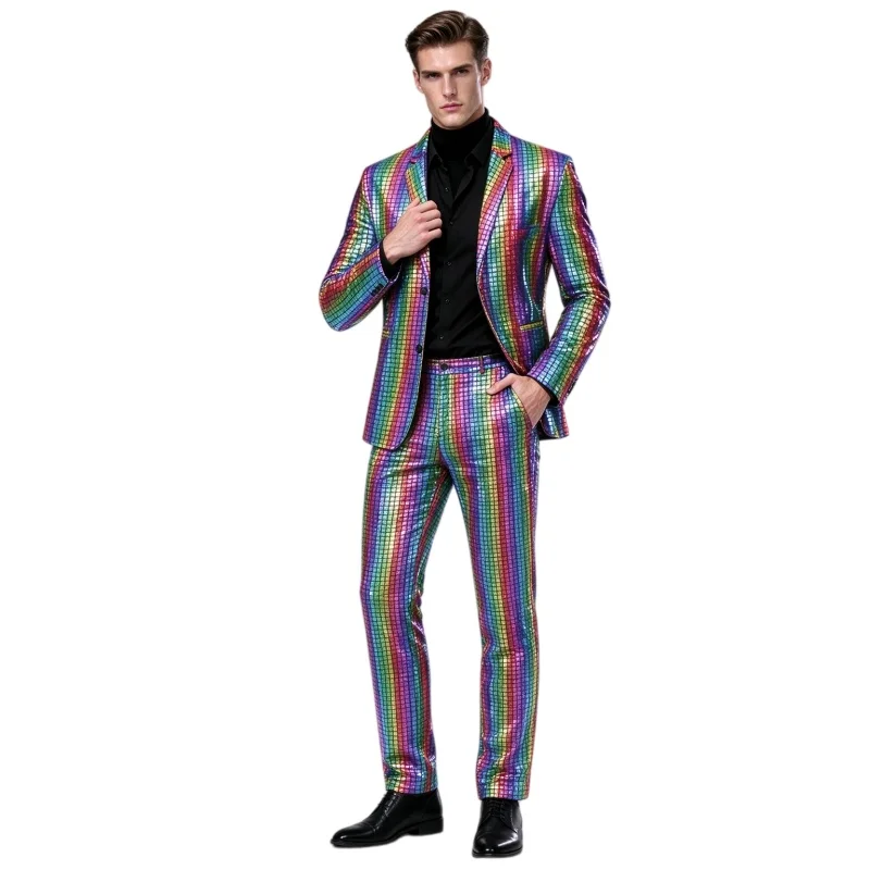 Men's Plaid Suits Rainbow Gold Silver Laser Blazers Pants 2-Pieces Set Bar Male Singer Hip Hop Dancer Stage Show Dance Outfits