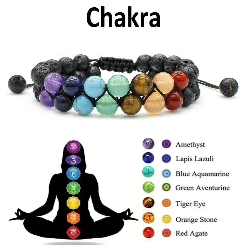 Bracelet de méditation de Yoga en perles de 7 Chakras, Double couche de guérison, pierre naturelle perlée, corde réglable, bijoux pour femmes et hommes