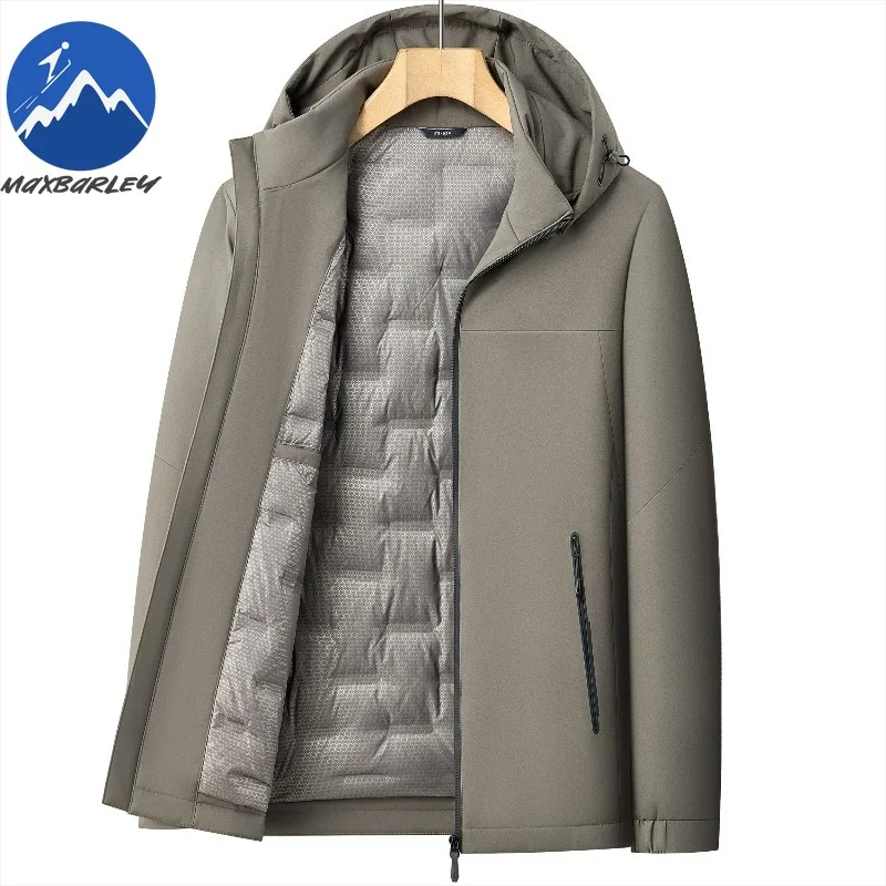 Maxbarley Men Down Jacket Fashion Hood Commuter Office Thickened Warm Zipper Coat Casual Outdoor Travel Cold-proof Winter Parka