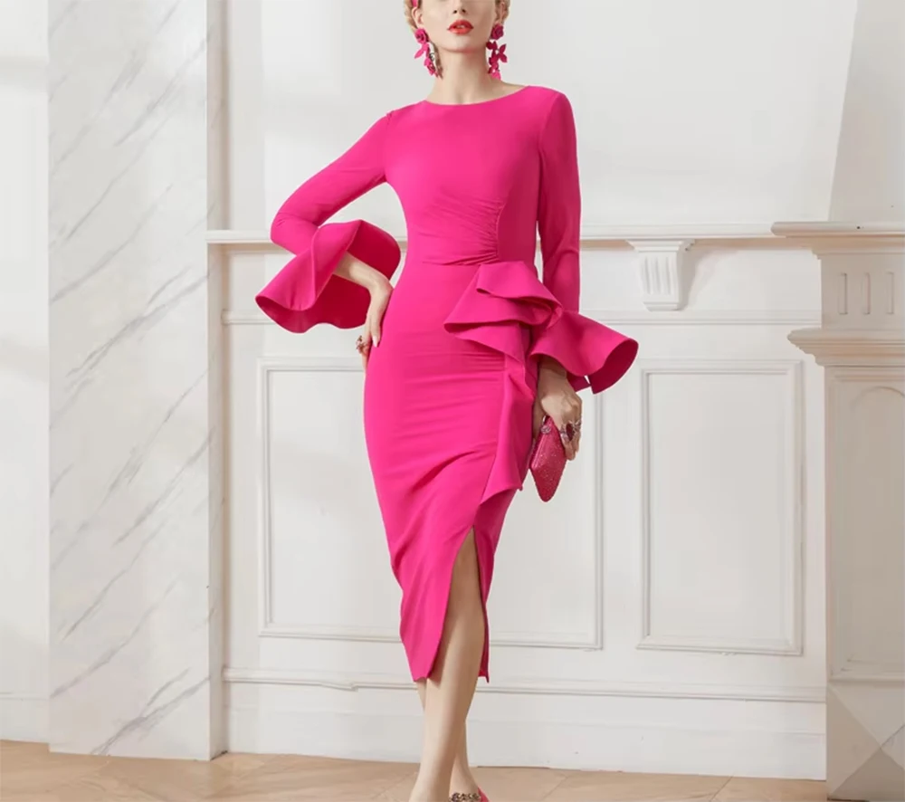 fashion popular factory direct selling original three-dimensional ruffles slim fit hot pink bell sleeve stretch  dress