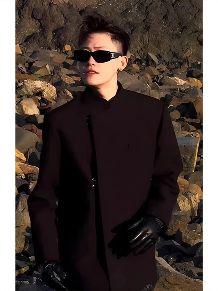 

Новый китайский мужской пиджак с подплечниками, весенне-осенний, с воротником-стойкой, для свадьбы, свободного кроя, молодежный, модный