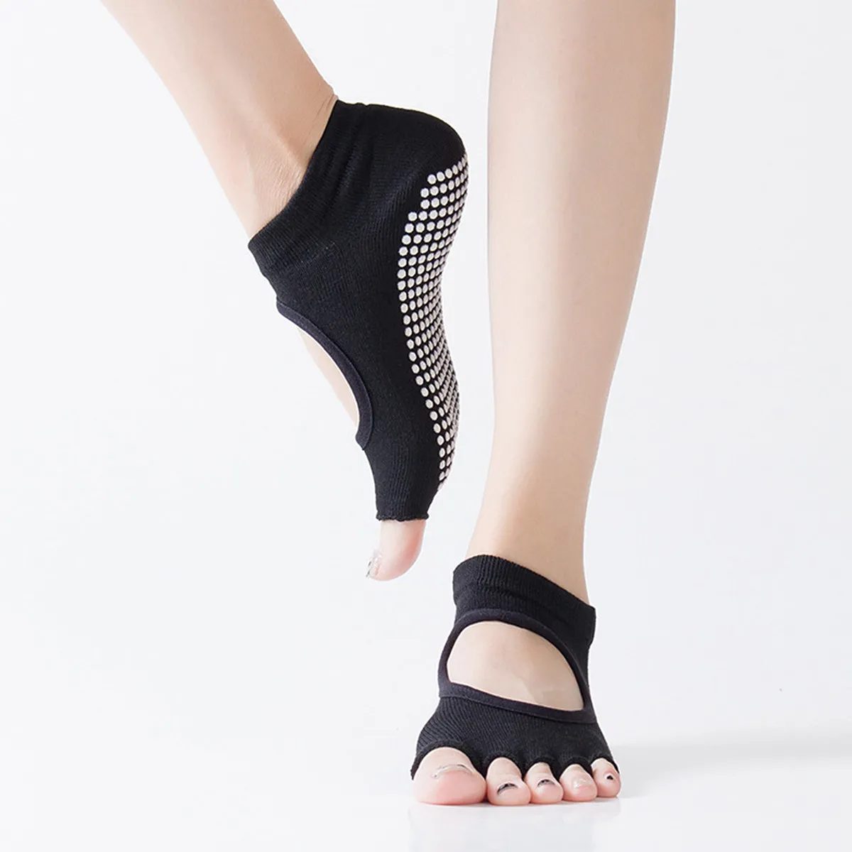 1Pair Yoga Socks Five Finger Hollow Breathable Non Slip Black Average Size for Women Fitness Exercise Socks Yoga