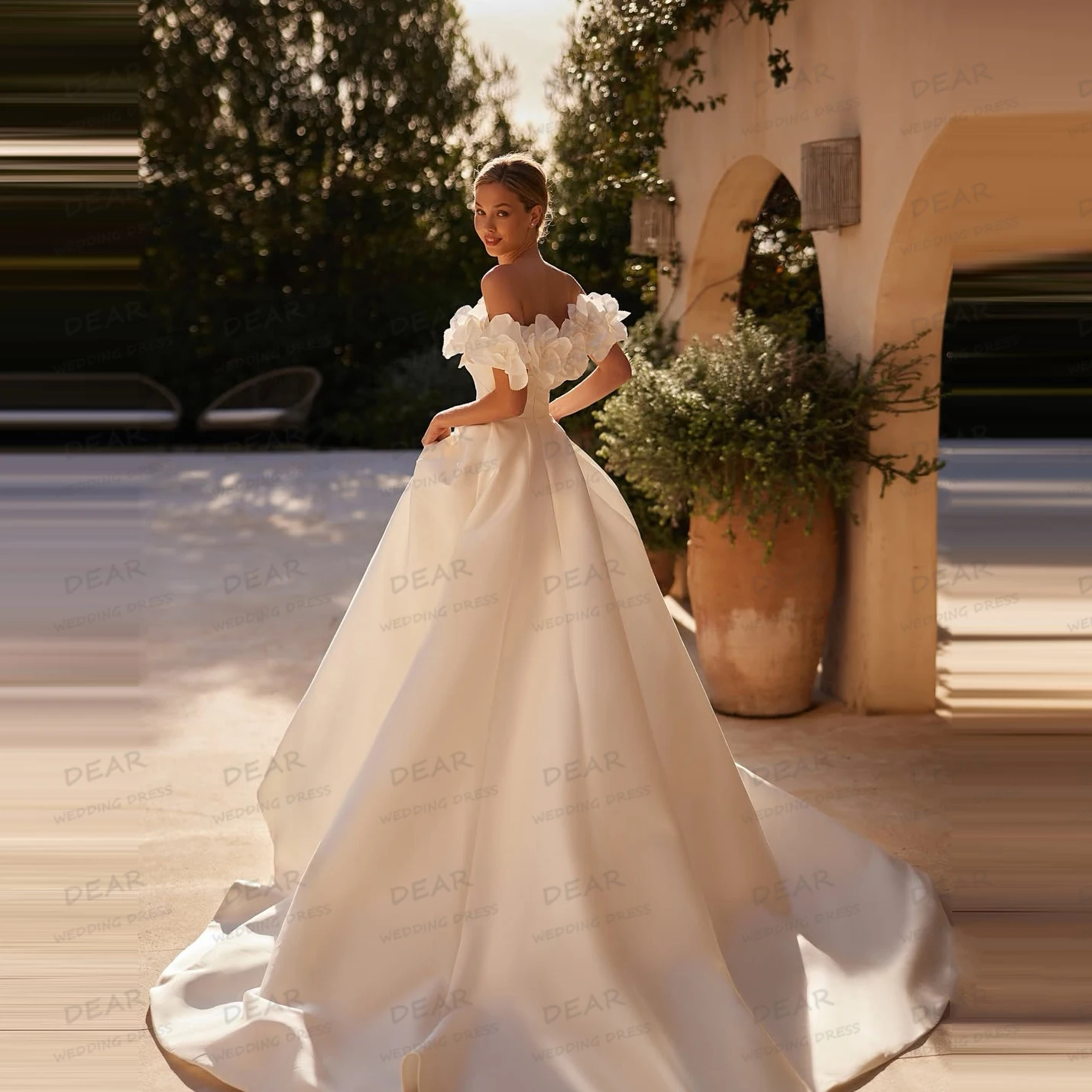 Elegant Wedding Dresses Women's A Line Off Shoulder 3-D Flowers Princess Backless Satin Bride Gowns Vestidos De Novia Customized