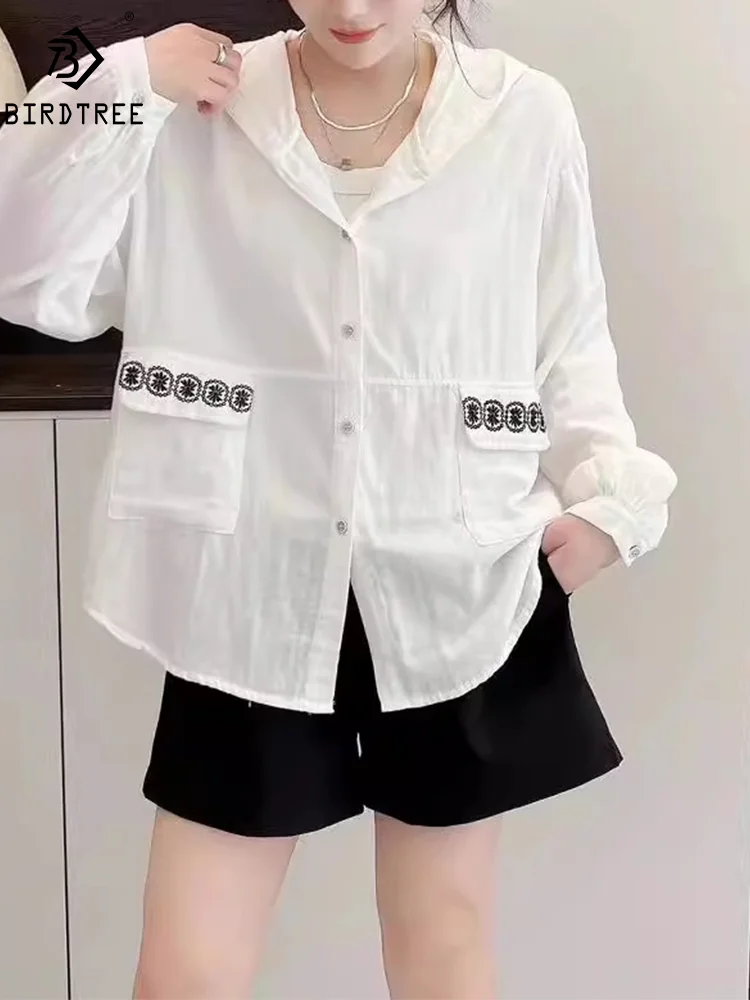 

New Summer Cotton Long Sleeve Shirt Hooded Embroidery Tops Girl Casual Loose Fashion Vintage Blouse 2024 Autumn T47242QM