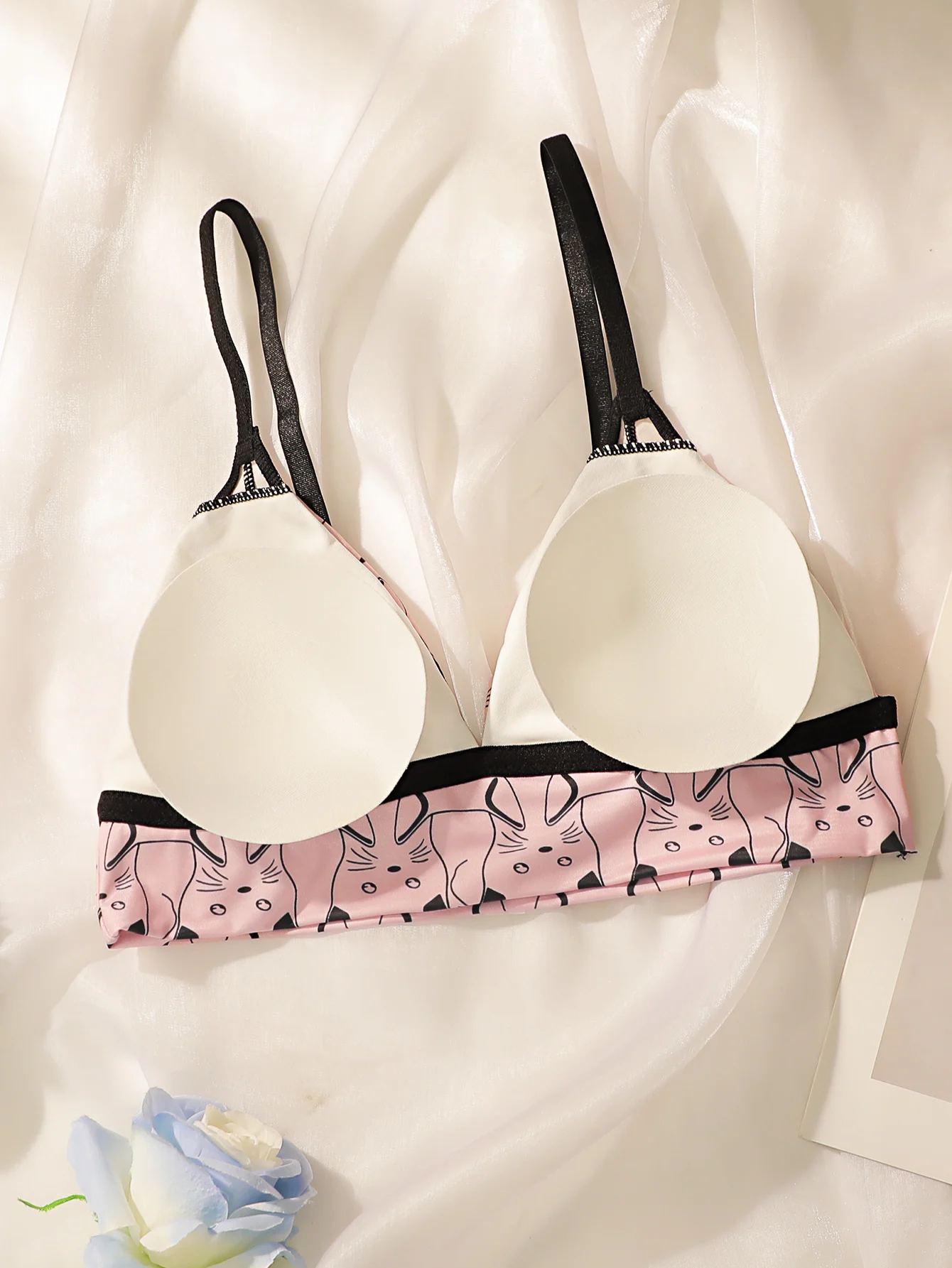 Kawaii Cat Print Triangle Bral - Bralette Wireless Soft 评论和价格