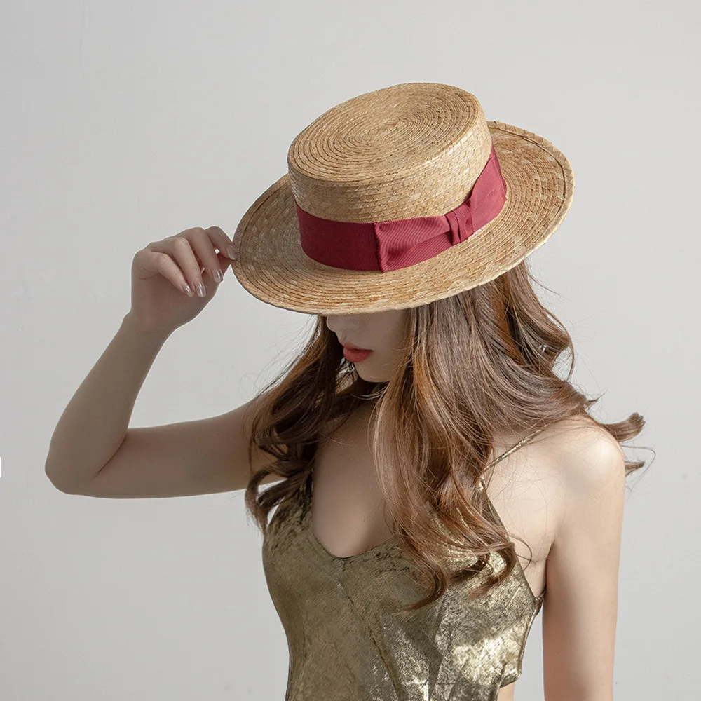 

Spring and Summer New Fashion Natural Hand-Knitted Palm Grass Flat Hat Webbing Bow Sun Protection Straw Hat