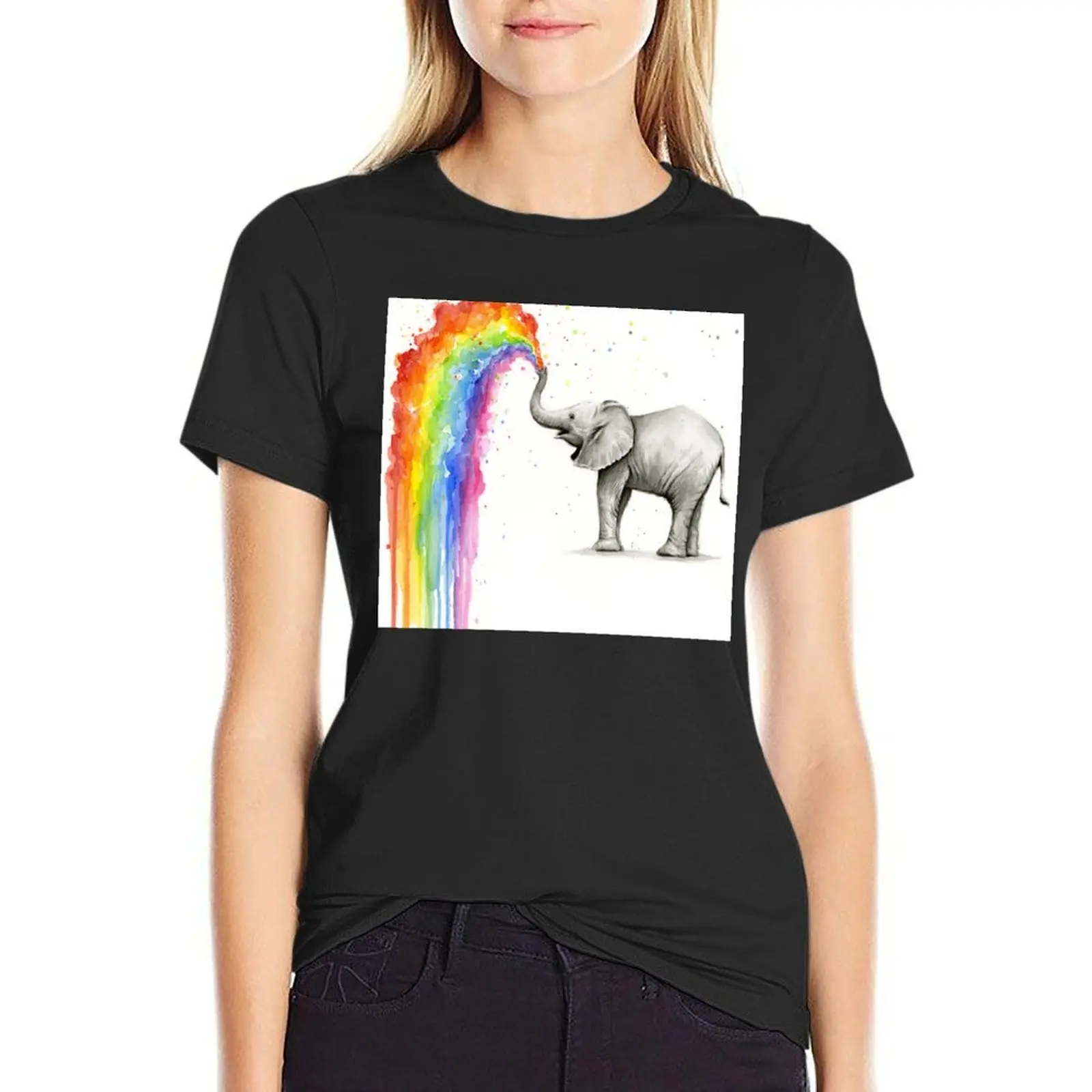 Baby Elephant Spraying Rainbow T-Shirt graphics aesthetic clothes t shirts for Womens