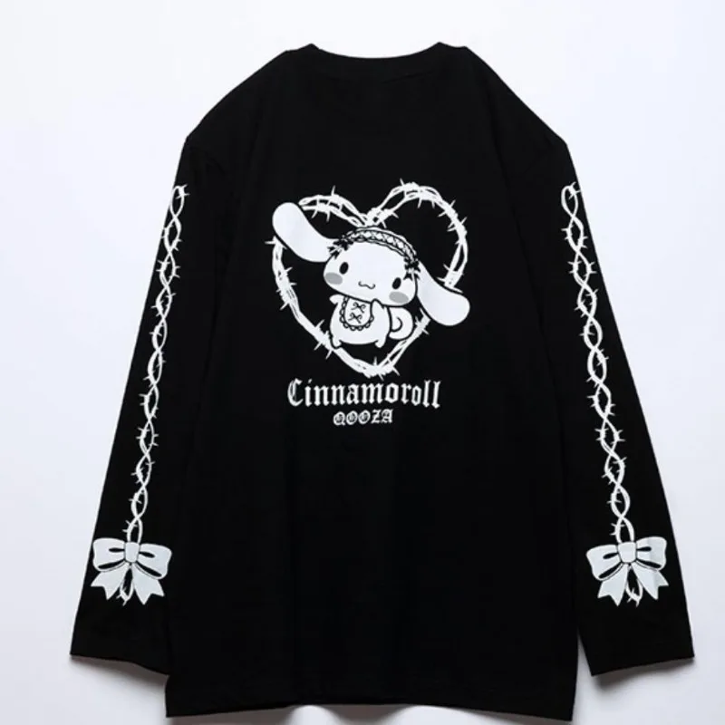 Damska koszulka z długim rękawem Sanrio Cinnamoroll, bawełniana bluzka z nadrukiem kokardki, jesienno-zimowa, modna, ciepła, luźna, z długimi rękawami.