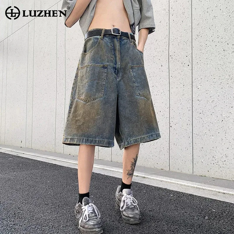 

LUZHEN Wornout Splicing Design Stylish Denim Five Point Pants Summer Personality Trendy Men Street Jeans Casual Straight LZ4799