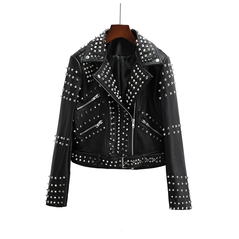 Women\'s Short Jacket Rivet Decoration Women\'s Motorcycle Leather Jacket PU Material Biker Clothes Graffiti Biker Clothes Rock