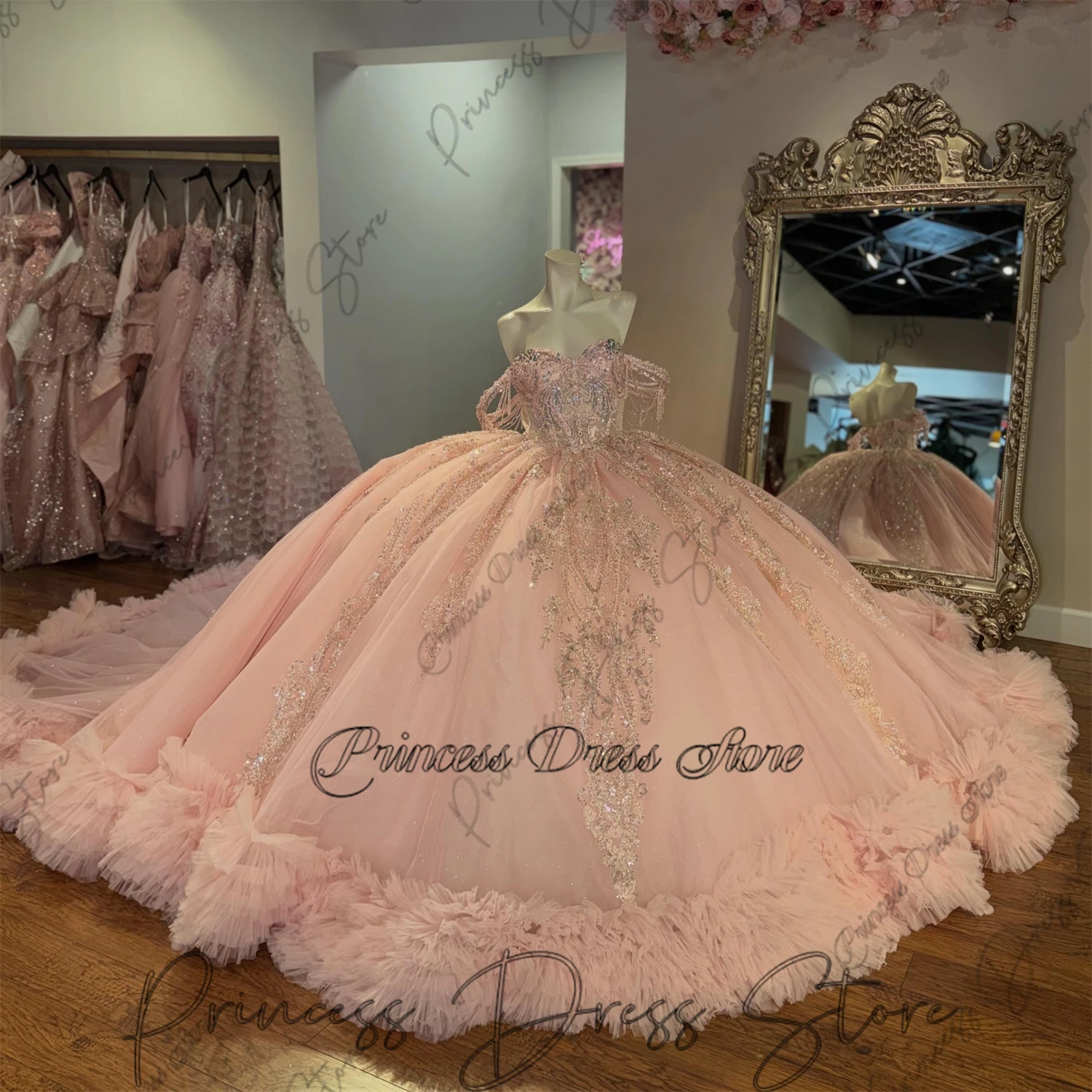 Shiny Elegant Quinceanera Dress Crystal Glitter Decal layering Flower Long tail Bow Vestidos De 15 Quinceanera ﻿Customized