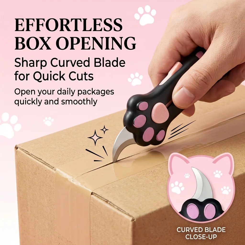 2-piece Set: Multifunctional Box Opener + Storage Pouch. This Adorable Cat Paw Design Features A Retractable, Curved Blade, Non