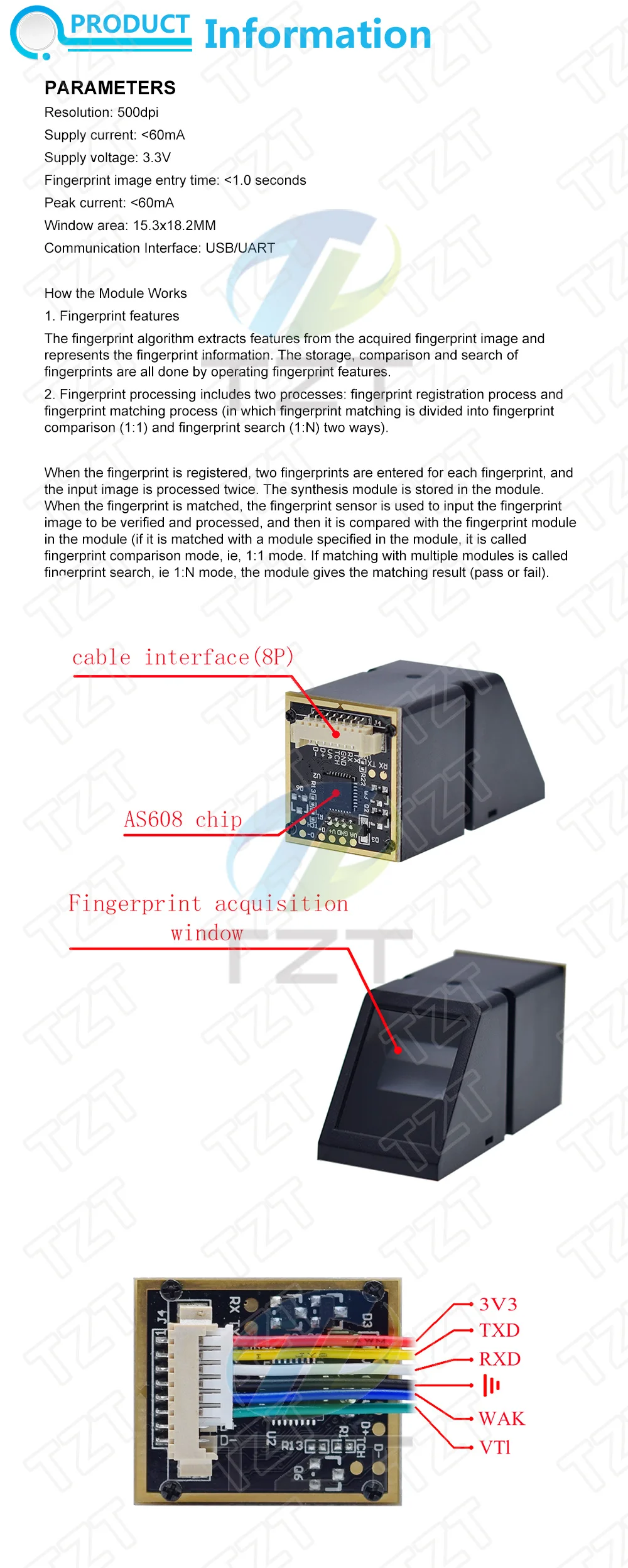 DIYTZT 1/3 Stück AS608 Fingerabdruckleser-Sensormodul Optisches Fingerabdruckmodul für Schlösser mit Serieller Kommunikationsschnittstelle – Detail 1