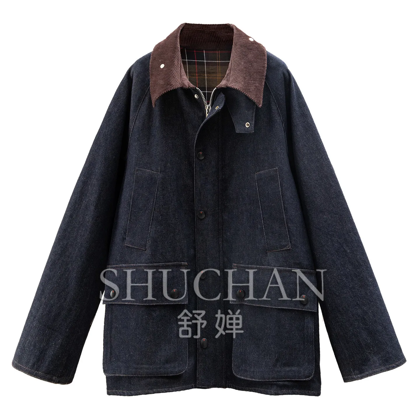 Retro Temperament French Contrasting Corduroy Shirt Collar Plaid Denim Jacket Women's 68I6