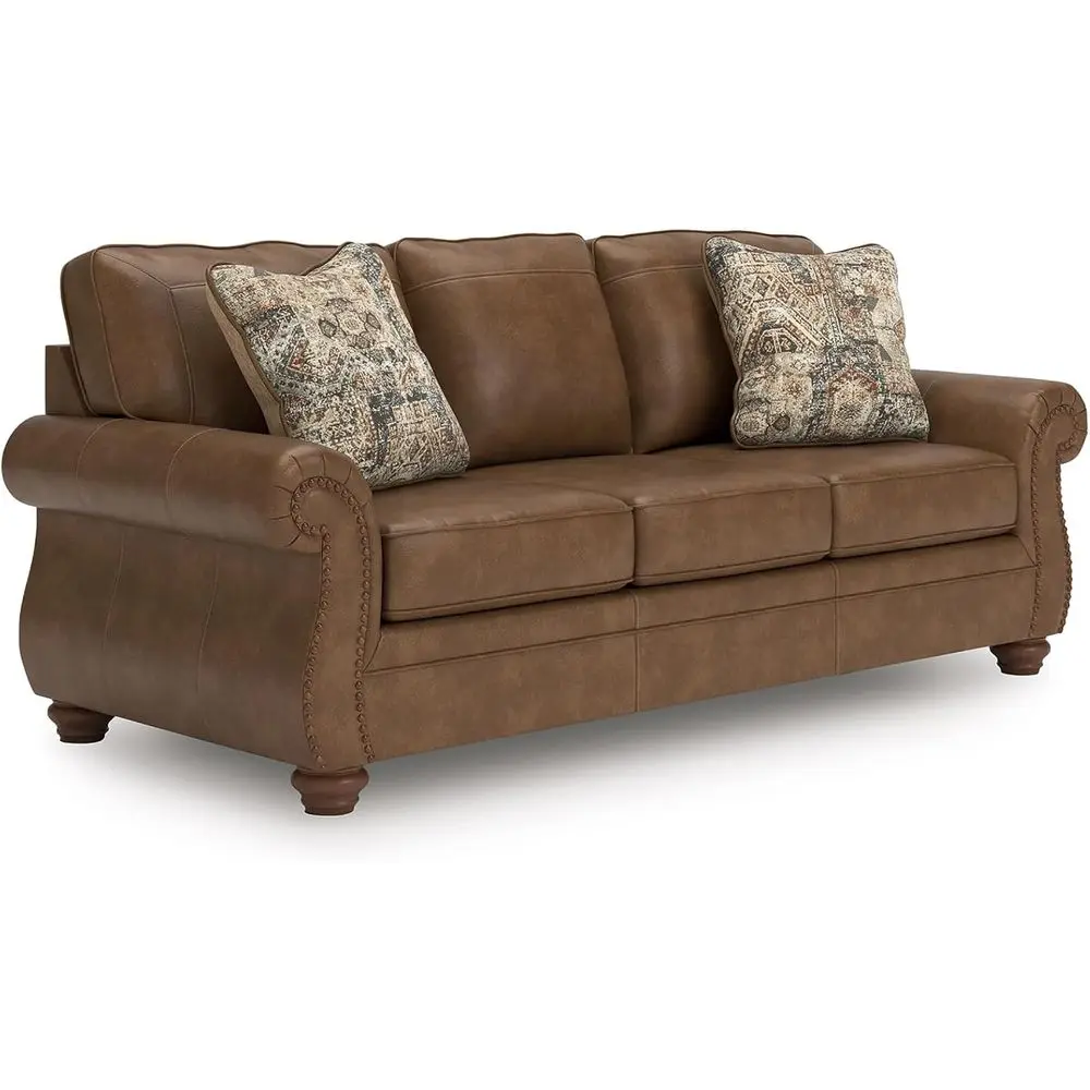

Queen Size Rustic Leather Sofa Sleeper with Memory Foam Mattress, Nailhead Trim, and 2 Pillows, Brown