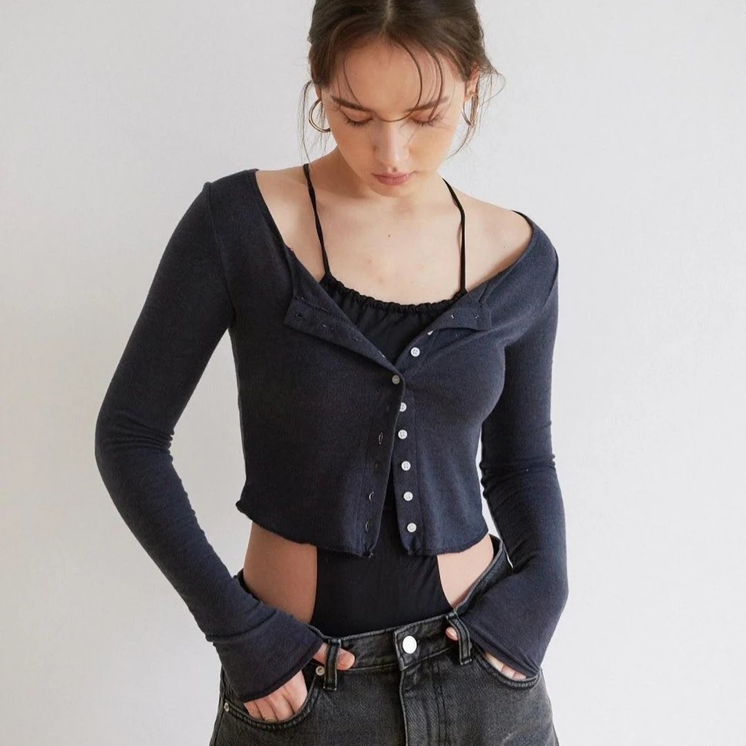 

Long Sleeve Draped Cardigan - V-Plunge Stretch Knit Cover-Up in Moon Mist/Chocolate Truffle/Air Blue/Navy Ink