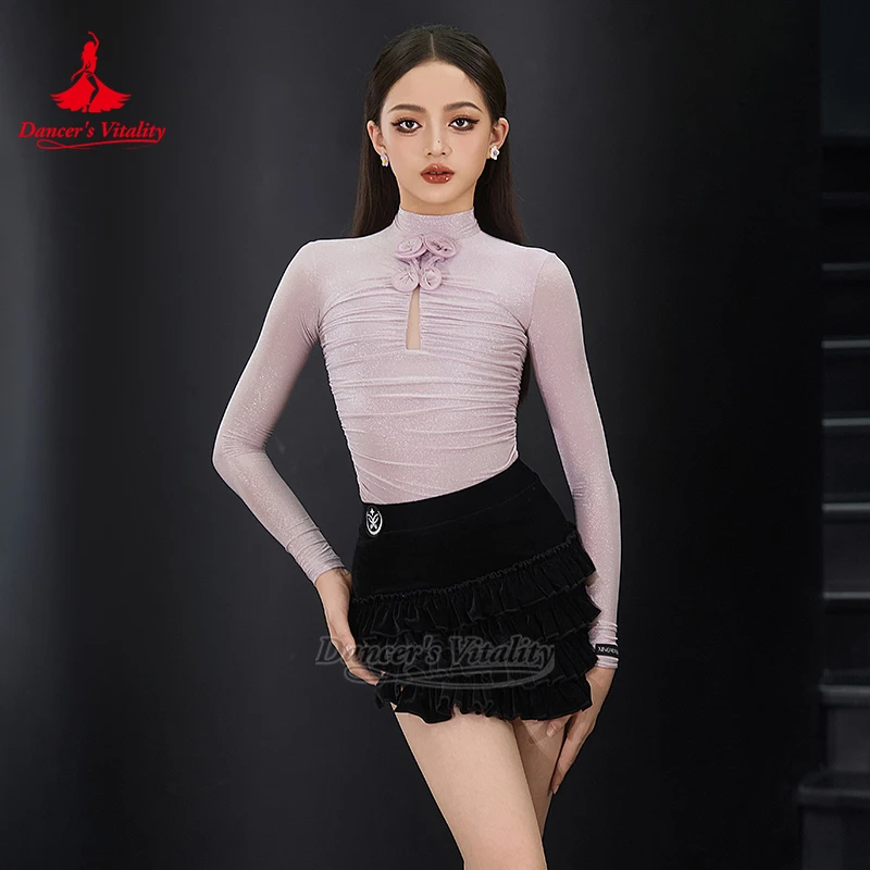 

Latin Dance Long Sleeves High-necked Badysuit+Wraped Hips Skirt Professional Clothing Chacha Training Sets Dancer's Vitality