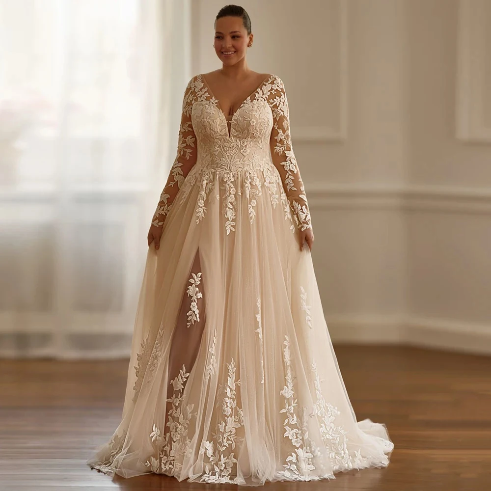 Plus Size Champagne Wedding Dresses for Ladies Elegant A Line Bridal Gowns Exquisite Full Sleeve Vestidos De Novia 2026 Summer