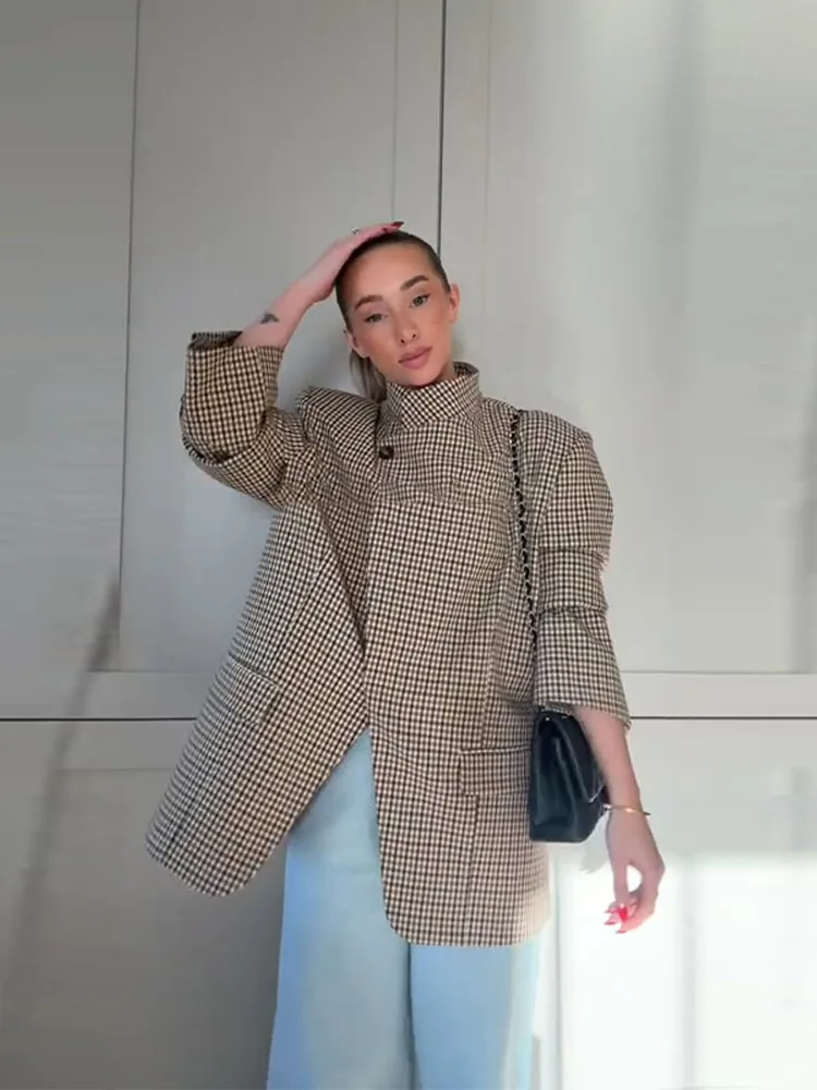 Loose Pockets Single Breasted Women's Jacket Long Sleeve Stand Collar High Street Female 2026 Spring Autumn Casual Middle Suit