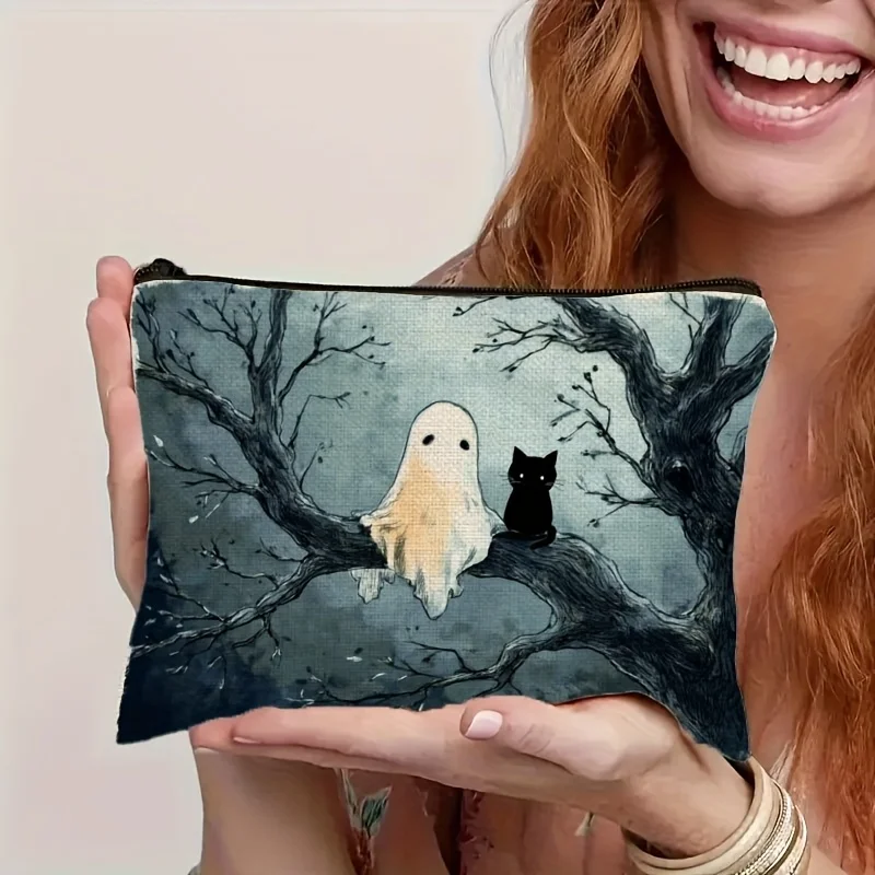 Featuring an Adorable Ghost Perched on an Old Tree Branch Alongside a Black Cat Makeup Storage Bag