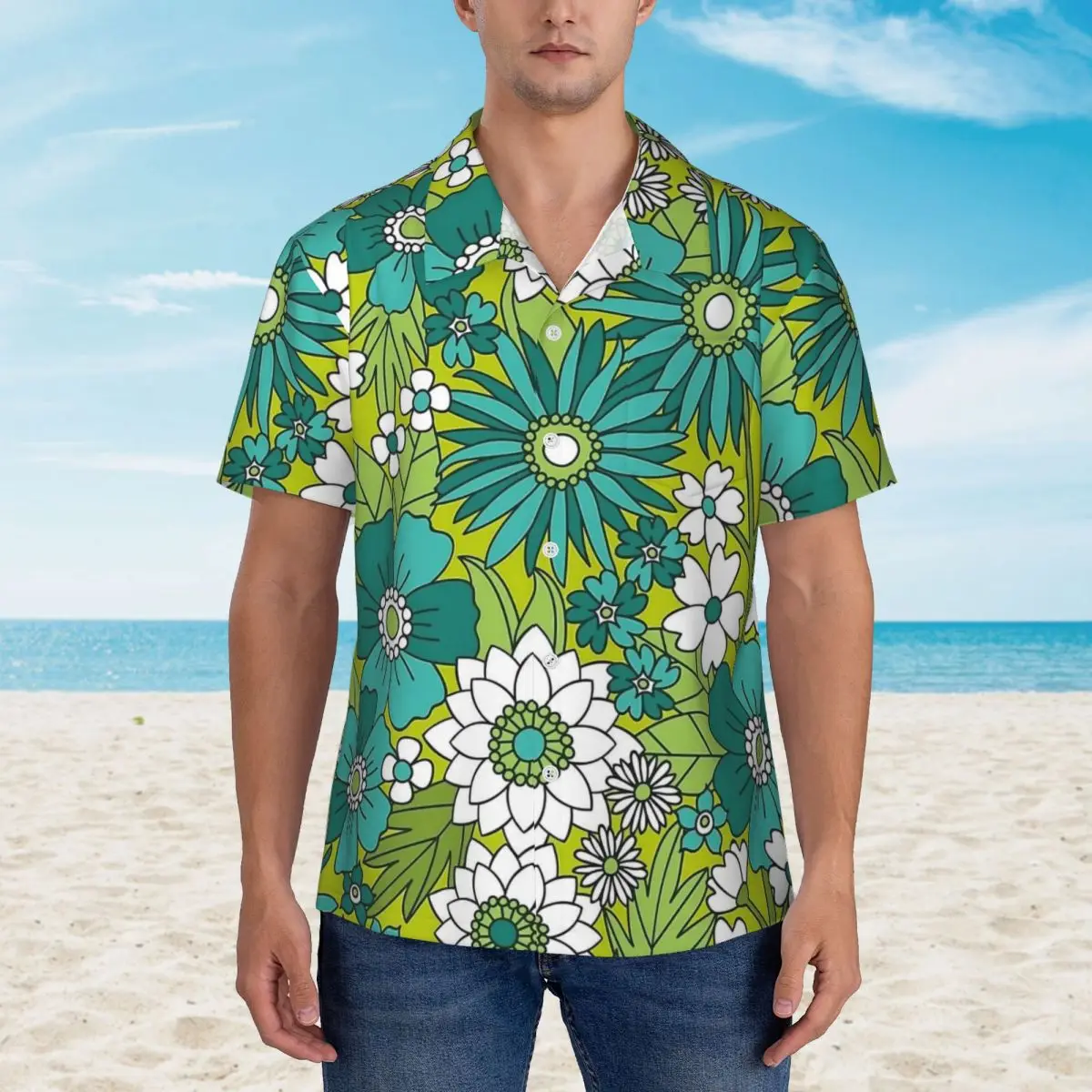 Groovy Flower Power Green Hawaiian Shirt Man Beach Casual Shirts Short Sleeves Korean Fashion Graphic Vintage Oversized Blouses