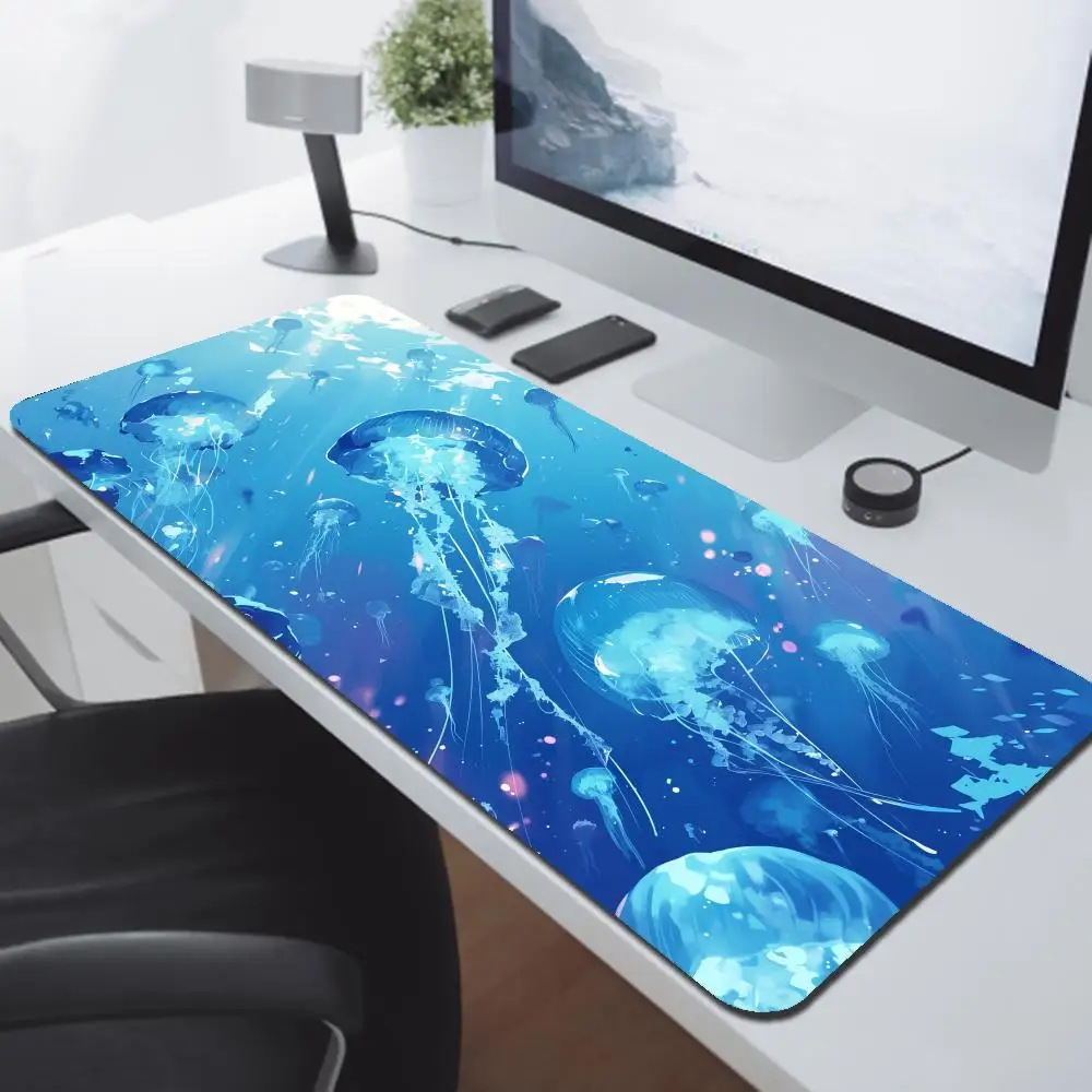 Cartoon Blue Jellyfish Large Mouse Pad Ocean Animal Desk Mat Natural Rubber Non-Slip Office Computer Keyboard Table Accessories