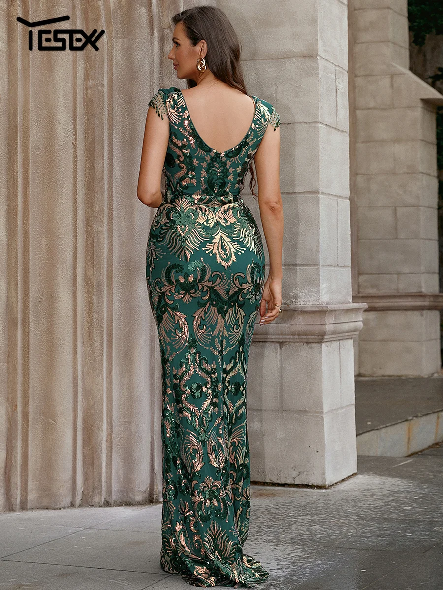 Yesexy Women\'s V-neck Slim Vintage Sequin Floral Tassels Prom Dresses Green Evening Gown Elegant Party Dress