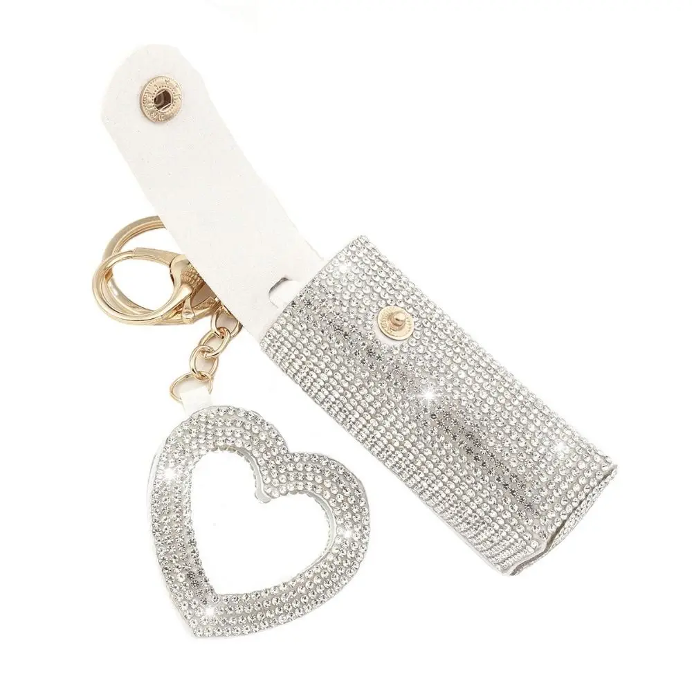 

Portable Lipstick Organizer Keychain Bling Rhinestone with Makeup Mirror Lipstick Holder Fashion Exquisite