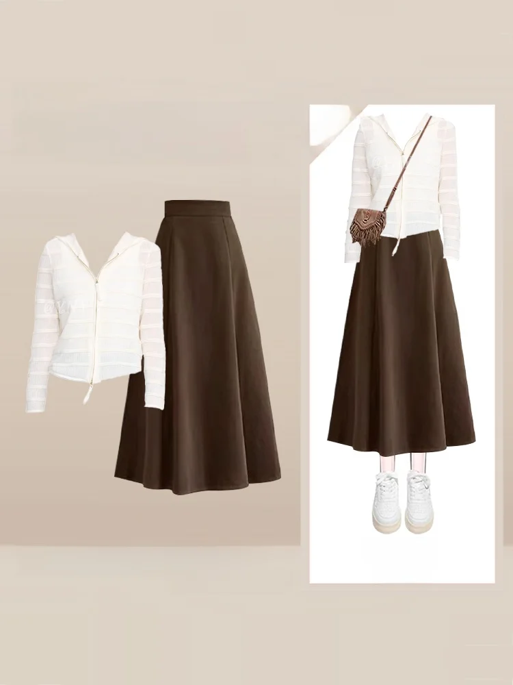 

Женский осенний модный комплект: вязаный кардиган кофейного цвета с молнией и юбка миди с высокой талией, комплект из двух предметов