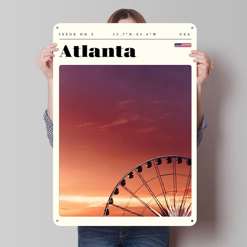 Póster de Arte de Viaje de Atlanta, Georgia, Impresión Personalizada, Arte Retro de Pared, Letreros Metálicos Vintage para Decoración de Habitaciones, Salas de Juego y Hogares