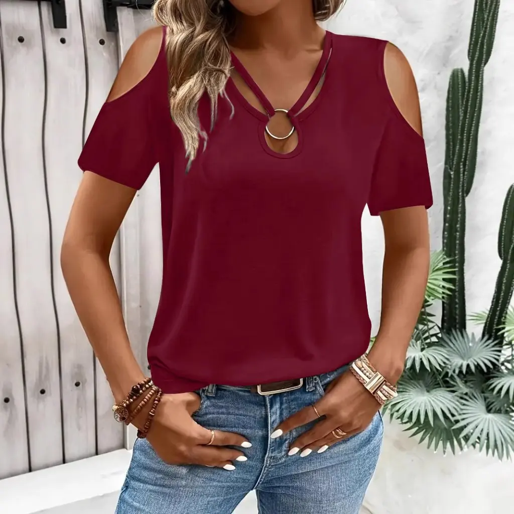 

Women's Pure Color V-Neck Off-Shoulder T-Shirt Short-Sleeved Loose Fit Style from European And American Fashion