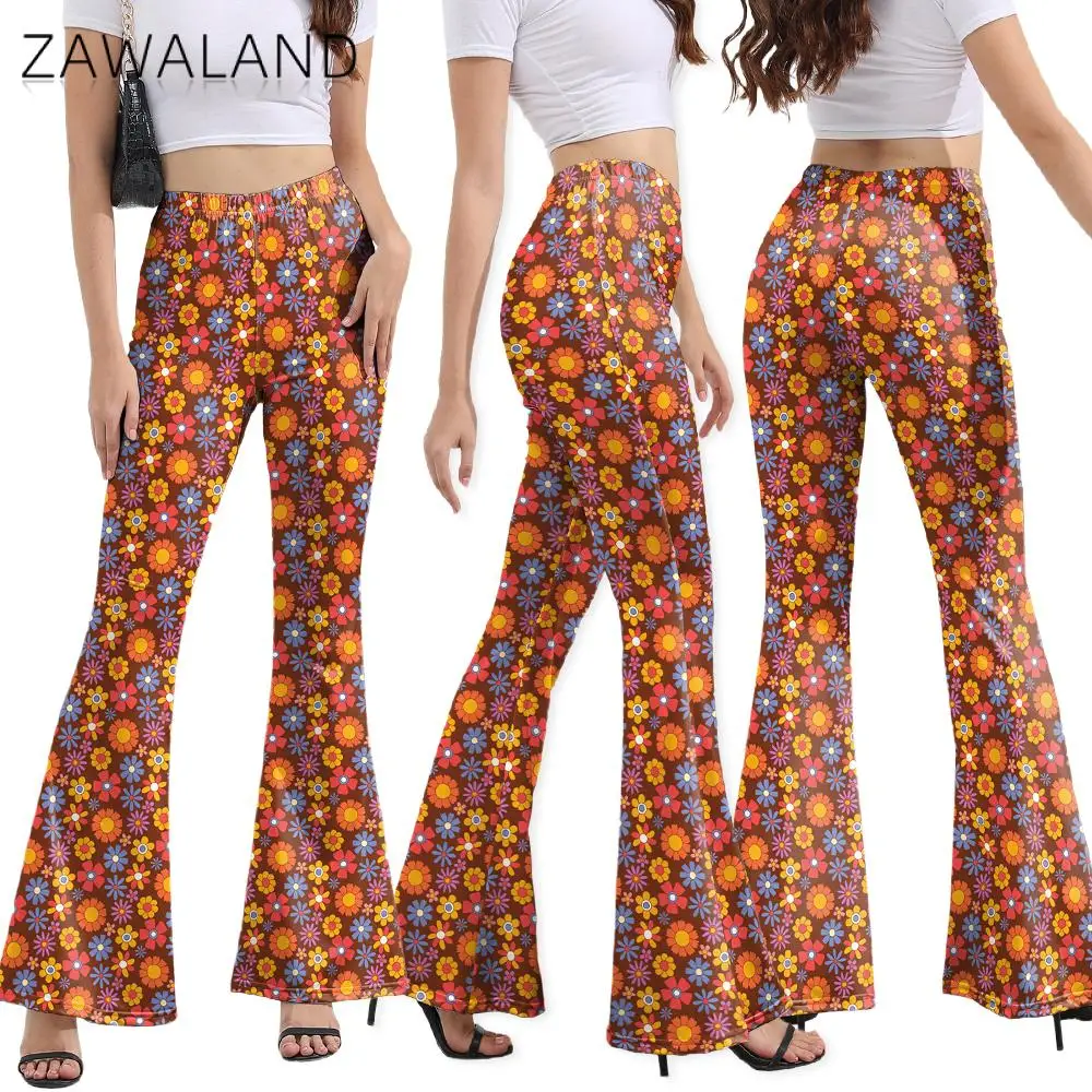 Zawaland Cosplay Retro 70s 60s Theme Party Hippie Costume Halloween Women Flared Pants Bell Bottoms Disco Outfits