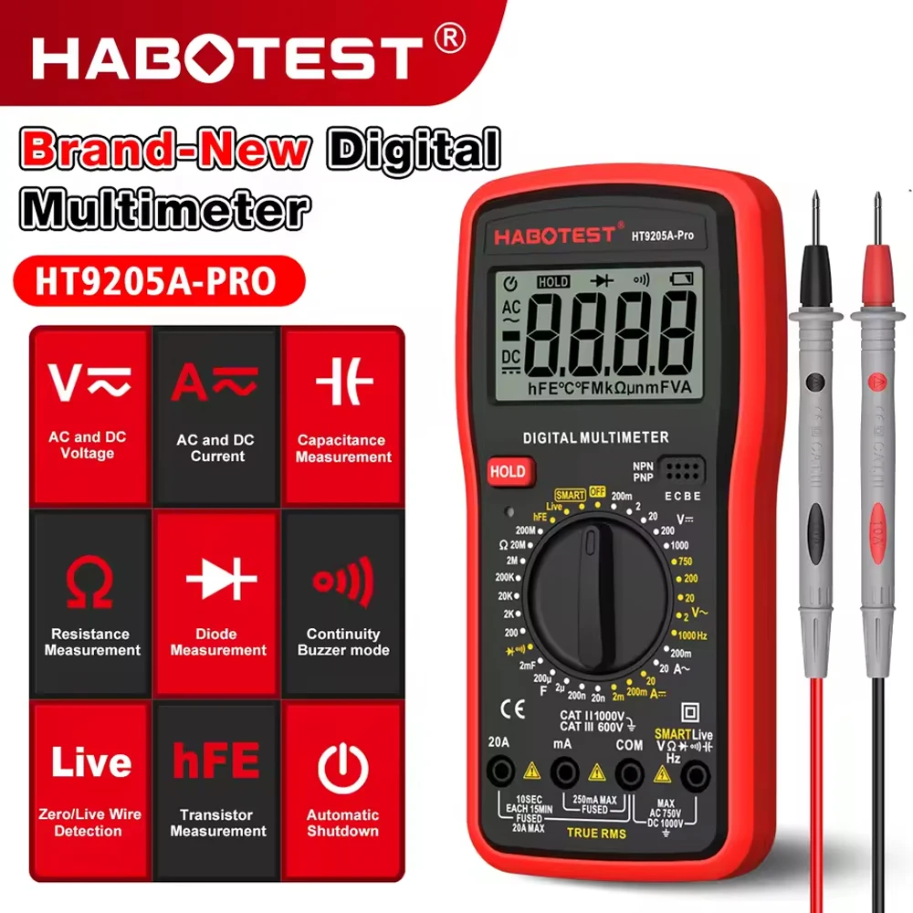 HABOTEST HT9205A-PRO True RMS Digital Multimeter AC DC Voltage Current Resistance Capacitance Transistor Diode Continuity Tester