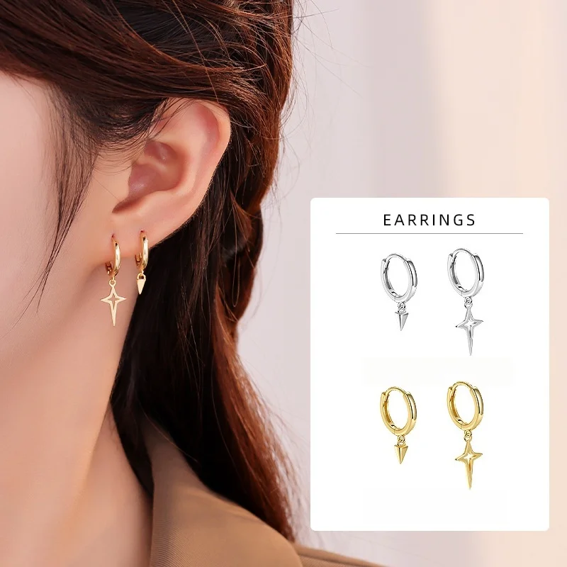 

S925 Sterling Silver Tapered Cross Asymmetrical Earrings for Women Korean Fashion Simple Light Luxury Ear Accessories