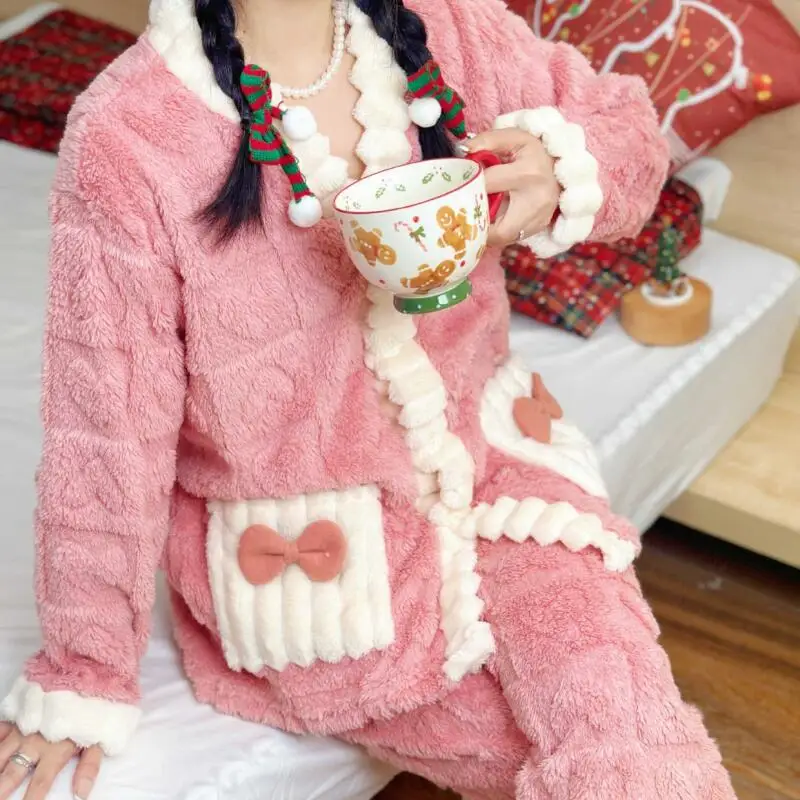 

Winter Warm Coral Fleece Pajamas Suit Thicken Homewear Women Cute Flower Pocket Pijama Mujer Long Sleeve Loungewear Nightwear