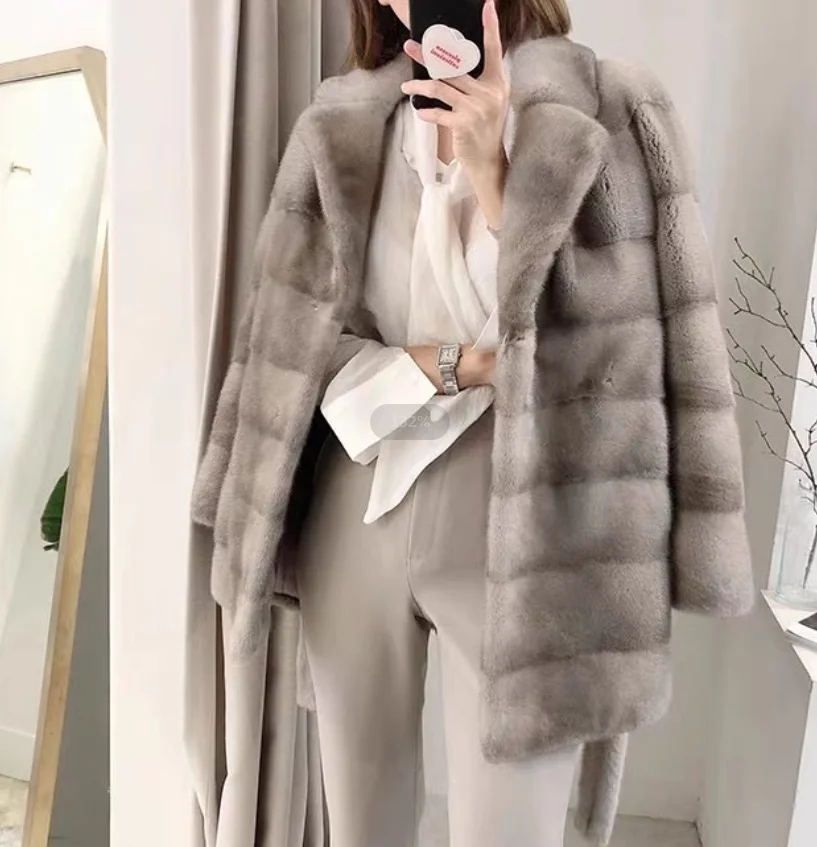 Winter Women's Mink Fur Coat Real Mink Fur Coat Flipped Tie Belt Coat Warm and Fashionable