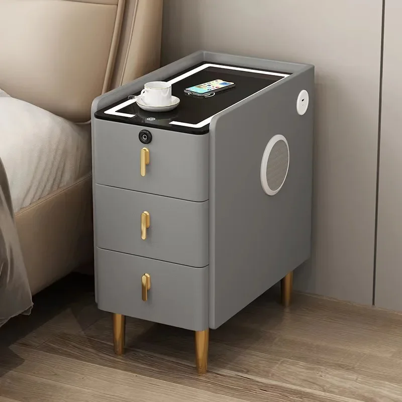 Modern Style Intelligent Wooden Bedside Table with Wireless Charging Faux Leather 3 Drawers 25cm Nightstands Storage Cabinet