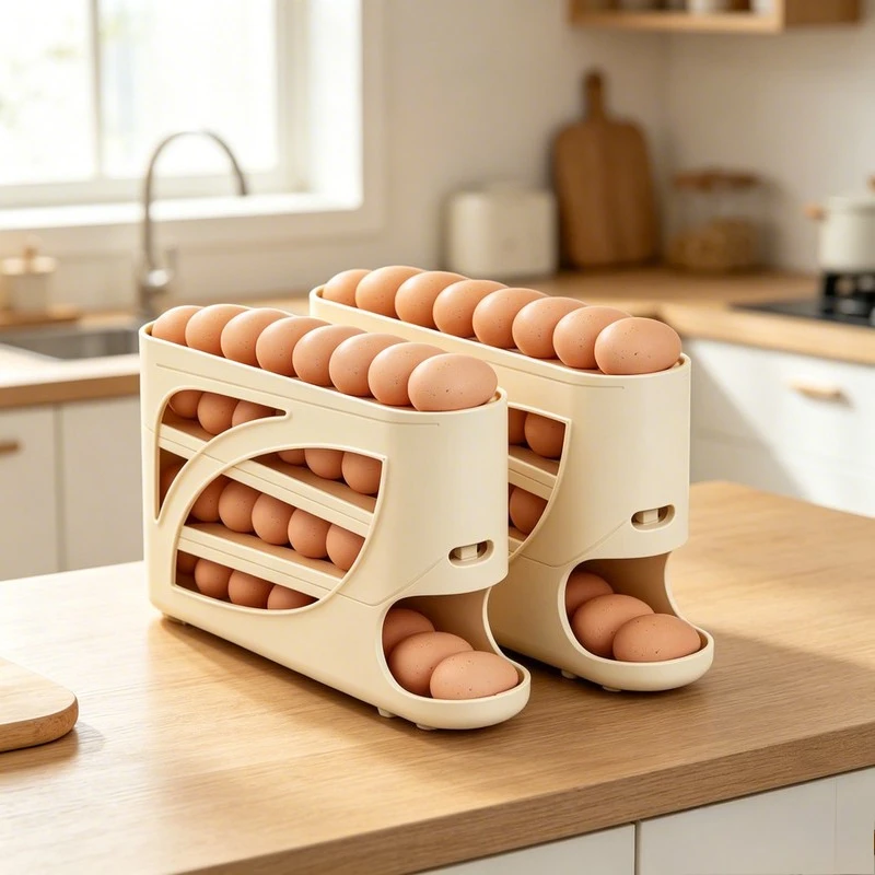 Auto Rolling Egg Dispenser 4 Tier Slide Egg Storage Holder Large Capacity Refrigerator Door Organizer Kitchen Container
